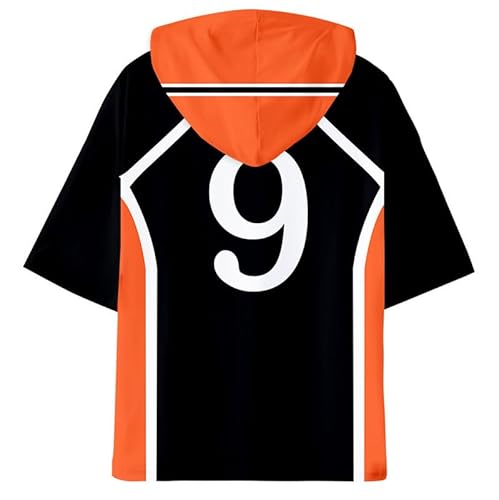 QYIFIRST Anime Volleyball Club Kageyama Tobio No.9 Kurzarm Bluse Kapuzen T-Shirt Hemd Top Hooded T-shirt Cosplay Kostüm Schwarz XXS (Chest 96cm) von QYIFIRST