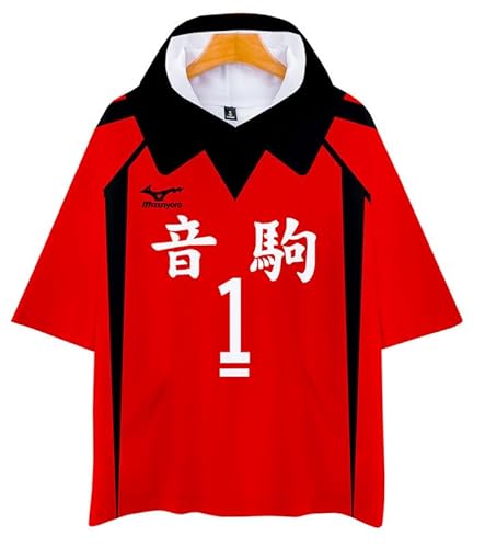 QYIFIRST Anime Volleyball Club Kuroo Tetsurou No.1 Kurzarm Bluse Kapuzen T-Shirt Hemd Top Hooded T-shirt Cosplay Kostüm Schwarz XXS (Chest 96cm) von QYIFIRST