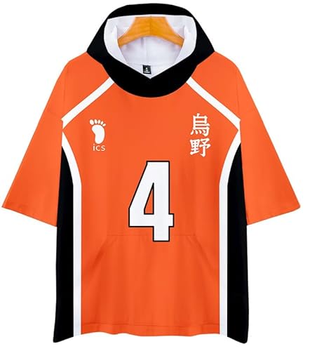 QYIFIRST Anime Volleyball Club Nishinoya Yuu No.4 Kurzarm Bluse Kapuzen T-Shirt Hemd Top Hooded T-shirt Cosplay Kostüm Schwarz XXS (Chest 96cm) von QYIFIRST