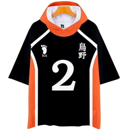 QYIFIRST Anime Volleyball Club Sugawara Koushi No.2 Kurzarm Bluse Kapuzen T-Shirt Hemd Top Hooded T-shirt Cosplay Kostüm Schwarz 4XL (Chest 144cm) von QYIFIRST