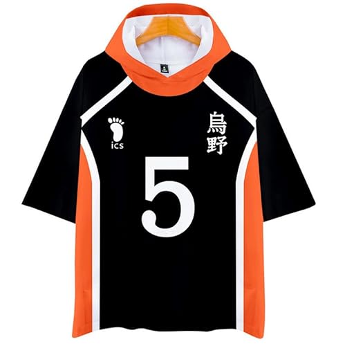 QYIFIRST Anime Volleyball Club Tanaka Ryuunosuke No.5 T-Shirt Kurzarm Bluse Kapuzen T-Shirt Top Cosplay Kostüm Schwarz S (Chest 108cm) von QYIFIRST