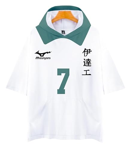 QYIFIRST Anime short sleeved Shirt mit Kapuze Bluse Tee Datekougyou High School Volleyball Club Takanobu No.7 Koganegawa Cosplay Kostüm Schwarz 3XL (Chest 138cm) von QYIFIRST