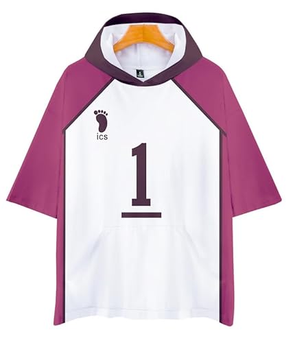 QYIFIRST Anime short sleeved Shirt mit Kapuze Bluse Tee Shiratorizawa Volleyball Club Ushijima Wakatoshi No.1 Cosplay Kostüm Schwarz 3XL (Chest 138cm) von QYIFIRST