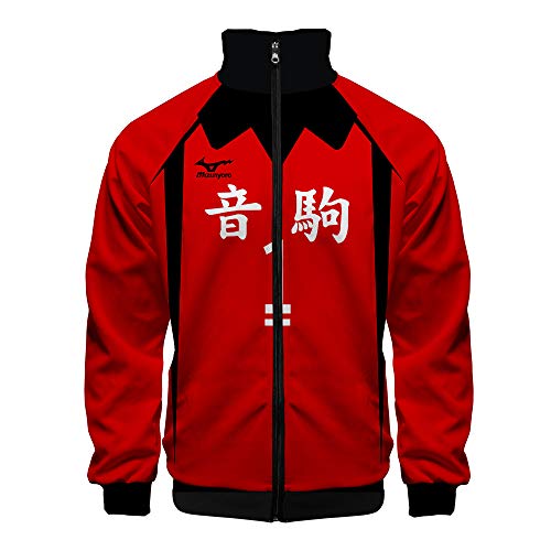 QYIFIRST Herren Damen 3D Druck Hoodie Nekoma High School Kuroo Tetsurou NO.1 Sweatjacke Cardigan Ohne Kapuze mit Reißverschluss Stehkragen Cosplay Kostüm Rot S (Chest 104cm) von QYIFIRST