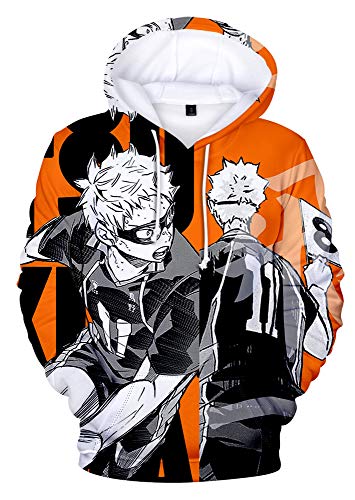 QYIFIRST Herren Damen Unisex 3D Druck Anime Kapuzenpulli Hoodie Karasuno High School Tsukishima Kei Cosplay Kostüm Adult Orange XL (Chest 116cm) von QYIFIRST