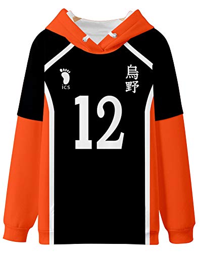 QYIFIRST Unisex 3D Druck Anime Kapuzenpulli Hoodie Karasuno High School Hinata Shouyou Yamaguchi Tadashi No.12 Cosplay Kostüm Adult Schwarz L (Chest 110cm) von QYIFIRST