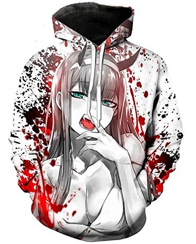 QYIFIRST Unisex 3D Druck Anime Kapuzenpullover Sweatshirt FRANXX Zero Two Code：002 Cosplay Kostüm mit Taschen Rosa E XXL (Chest 116cm) von QYIFIRST