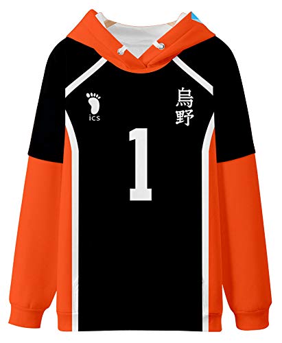 QYIFIRST Unisex 3D Druck Anime Pullover mit Kapuze Streetwear Karasuno High School Sawamura Daichi No.1 Cosplay Kostüm Schwarz XL (Chest 113cm) von QYIFIRST
