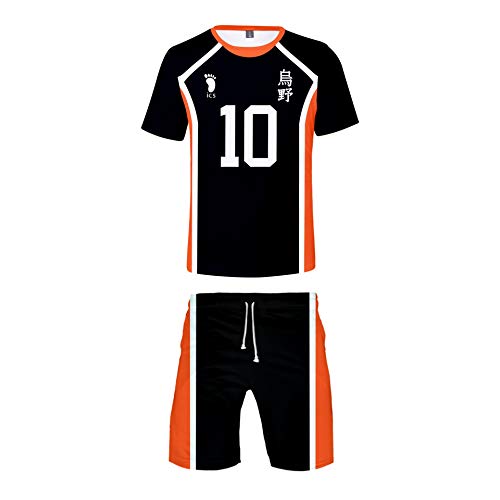 QYIFIRST Unisex 3D Druck Anime T-Shirt Shorts Suit Karasuno High School Volleyball Club Hinata Shoyo No.10 Cosplay Kostüm Schwarz M (Chest 102cm) von QYIFIRST