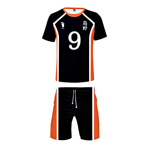 QYIFIRST Unisex 3D Druck Anime T-Shirt Shorts Suit Karasuno High School Volleyball Club Kageyama Tobio No.9 Cosplay Kostüm Schwarz XS (Chest 94cm) von QYIFIRST