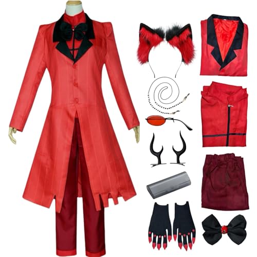 QYZ Alastor Cosplay Kostüm Hazbinhotel Cosplay Roter Anzug mit Perücke Haarschmuck Brille Halloween Anime Kostüm (Style A, 3XL) von QYZ