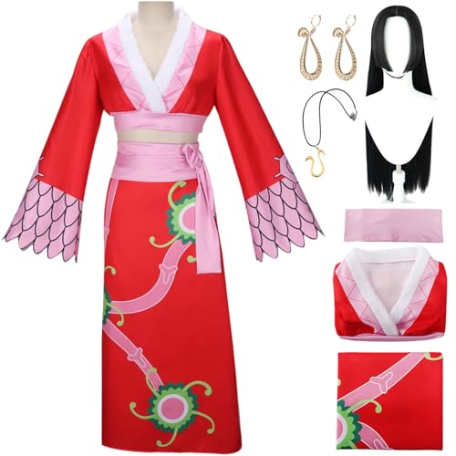 QYZ Hancock Cosplay Kostüm mit Perücke Schlangenohrringen Halskette Umhang Halloween Anime Kimonokleid komplettes Set (Red+wig, M) von QYZ
