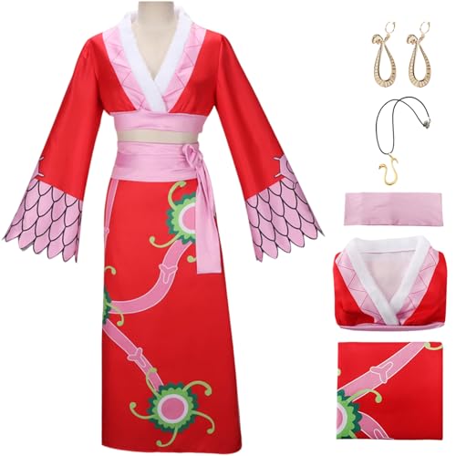 QYZ Hancock Cosplay Kostüm mit Perücke Schlangenohrringen Halskette Umhang Halloween Anime Kimonokleid komplettes Set (Red, L) von QYZ