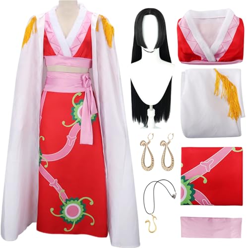 QYZ Hancock Cosplay Kostüm mit Perücke Schlangenohrringen Halskette Umhang Halloween Anime Kimonokleid komplettes Set (Red a+wig, S) von QYZ