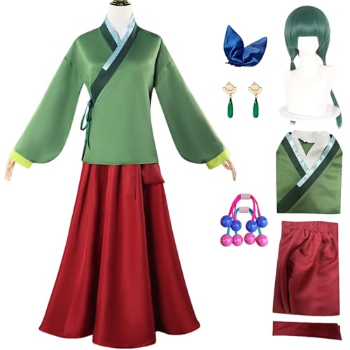 QYZ Maomao Cosplay Kostüm Kleid Anime The Apothecary Diaries Outfits mit Perücke Kopfbedeckung Ohrringe Halskette Halloween Set (Grün+Perücke, L) von QYZ