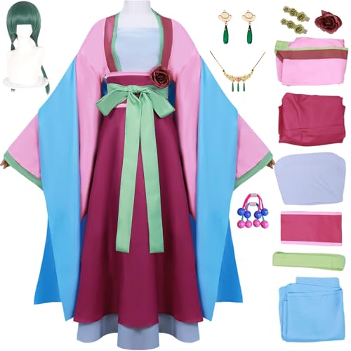 QYZ Maomao Cosplay Kostüm Kleid Anime The Apothecary Diaries Outfits mit Perücke Kopfbedeckung Ohrringe Halskette Halloween Set (Rosa+Perücke, XS) von QYZ