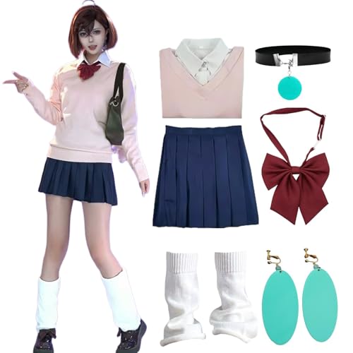 QYZ Momoayase Cosplay Pink College Style Kurzer Rockanzug Anime Dandandan Cosplay Kostüm mit Perücke Kragen Ohrringe Komplettset (Rosa, S) von QYZ