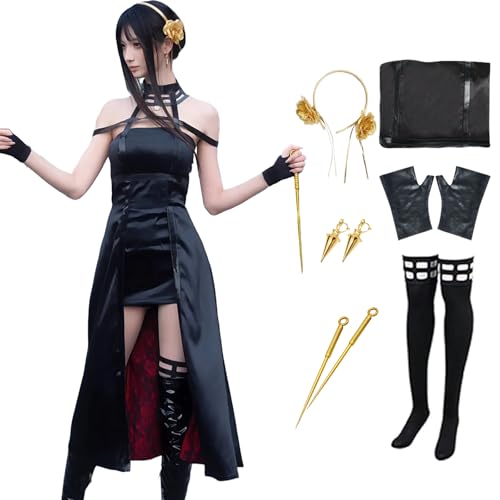 QYZ Yor Forger Cosplay-Kostüm mit Ohrring-Perücke, schwarzem Kleid, Halloween-Anime-Kostüm, komplettes Set (Schwarz, L) von QYZ