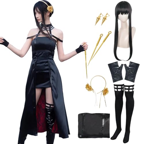 QYZ Yor Forger Cosplay-Kostüm mit Ohrring-Perücke, schwarzem Kleid, Halloween-Anime-Kostüm, komplettes Set (Schwarz + Perücke, M) von QYZ