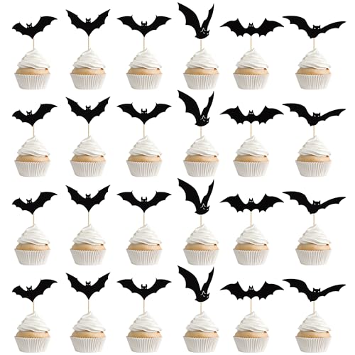 Halloween-Cupcake-Aufsätze, 6 Designs, schwarze Fledermaus, Halloween-Cupcake-Picks, Happy Halloween-Kuchendekorationen für gruselige Babypartys, Horror, Kindergeburtstag, Party, Kuchendekoration, 24 von QZYL