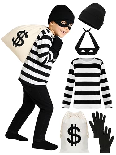 QZYL Räuber Cosplay Set für Jungen, schwarz-weiß gestreiftes Hemd, Beanie, Mütze, Tasche, Maske, Socken, Set für Halloween, Cosplay, Einbrecher QZYL Räuber Cosplay Set für Jungen, schwarz-weiß gestreiftes Hemd, Beanie, Mütze, Tasche, Maske, Socken, Set für Halloween, Cosplay, Einbrecher von QZYL