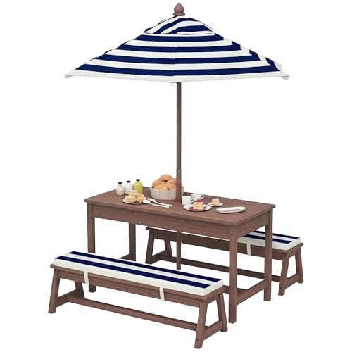 Qaba Kinder-Picknicktisch, Holztisch und Bank, Set mit Kissen und Regenschirm, Kinder-Hinterhofmöbel für Terrasse, Garten, Marineblau von Qaba