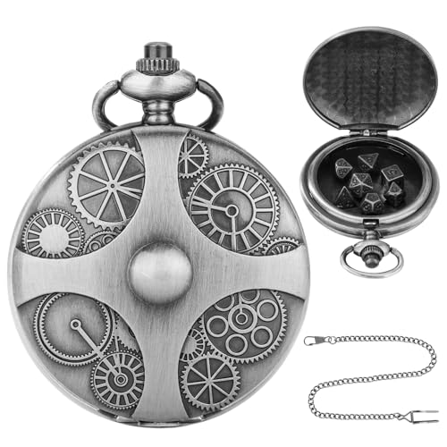 Qaestuan 1 Stück DND-Spielwürfel-Set, Metall Polyedrische Würfel mit Bronzefarbenen Taschenuhrgehäuse, Abnehmbar Mini Spielwürfel für Dungeon und Dragons, D&D, Rollenspiele, Brettspiele (Silber) von Qaestuan