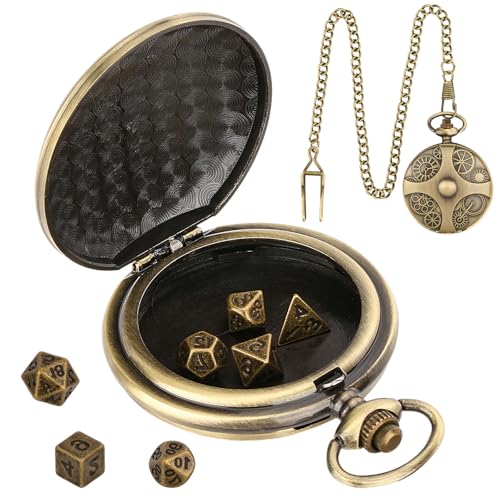 Qaestuan 1 Stück DND-Spielwürfel-Set, Metall Polyedrische Würfel mit Bronzefarbenen Taschenuhrgehäuse, Abnehmbar Mini Spielwürfel für Dungeon und Dragons, D&D, Rollenspiele, Brettspiele (Gold) von Qaestuan