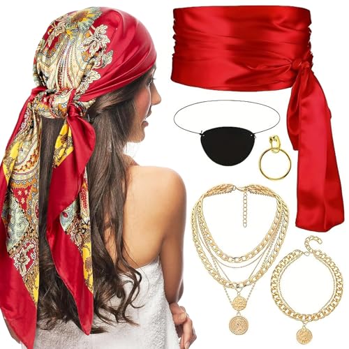 Qaestuan 6 Stück Piratenkostüm Damen, Piraten-Rollenspiel-Outfit, mit Pirate Kopftuch, Rotes Hüfte, Augenklappe, Ohrschmuck, Halskette, Pirate Armbänder, für Halloween-Partys, Maskeraden Qaestuan 6 Stück Piratenkostüm Damen, Piraten-Rollenspiel-Outfit, mit Pirate Kopftuch, Rotes Hüfte, Augenklappe, Ohrschmuck, Halskette, Pirate Armbänder, für Halloween-Partys, Maskeraden von Qaestuan