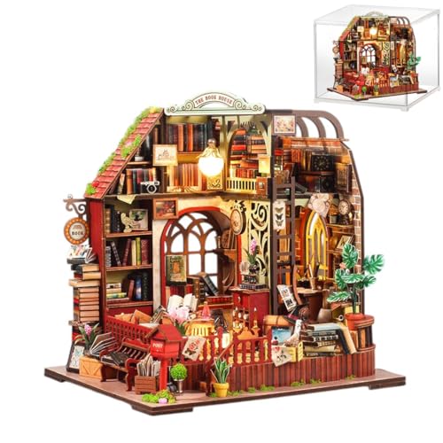 QatmMkt DIY Miniaturhaus Bausatz Holz Garten Mini Haus mit Möbeln & LED-Licht Kreatives Puppenhaus Kit Modellbausatz für Erwachsene Kinder (Das Buchhaus) von QatmMkt