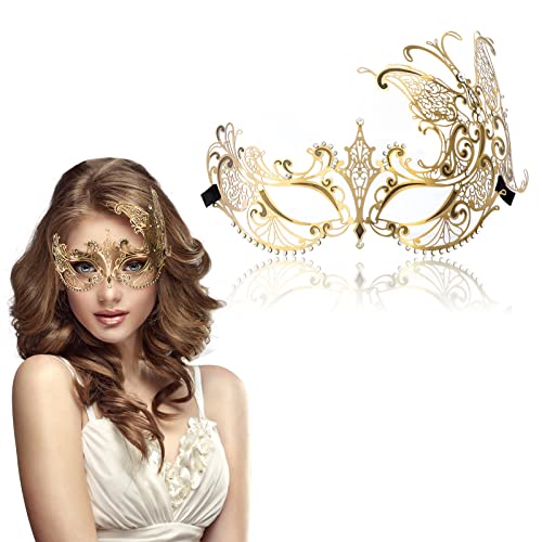 Qavctw Retro Metall Schmetterling Maskerade Maske für Frauen Glänzend Strass Schmetterling Maske Karneval Maske Damen Halbgesichtsmaske (Antikgold Weiß Diamond) von Qavctw