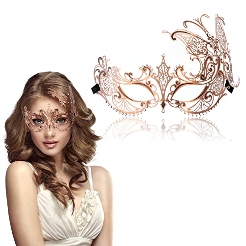 Qavctw Schmetterling Retro Metall Maskerade Maske für Frauen Glänzend Strass Schmetterling Maske Damen Halbgesichtsmaske Karneval Maske (Antik Bronze Weiß Diamant) von Qavctw