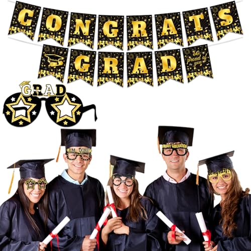 Banner mit Aufschrift "Congrats Grad", Partybrille, Klasse 2025, Abschlussdekoration, Hintergrundbanner, Glitzer, Glückwunschbrille, für Absolventen, Partyzubehör Banner mit Aufschrift "Congrats Grad", Partybrille, Klasse 2025, Abschlussdekoration, Hintergrundbanner, Glitzer, Glückwunschbrille, für Absolventen, Partyzubehör von Qaziuy