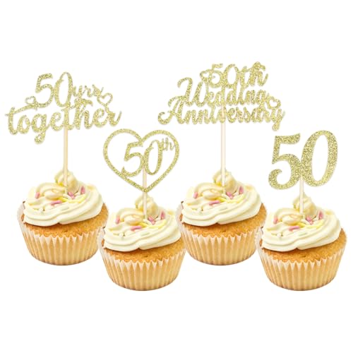 Cupcake-Topper zum 50. Hochzeitstag, glitzernde Herz-Kuchendekoration, goldene Hochzeit, Partyzubehör, 24 Stück von Qaziuy