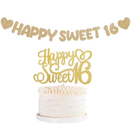 Happy Sweet 16 Banner & Happy Sweet 16 Cake Topper Glitzer 16 Geburtstag Dekorationen Gold Happy 16th Birthday Banner für Mädchen Jungen Happy Sweet 16 Banner & Happy Sweet 16 Cake Topper Glitzer 16 Geburtstag Dekorationen Gold Happy 16th Birthday Banner für Mädchen Jungen von Qaziuy