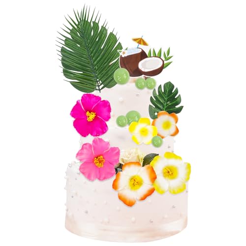 Hawaiianische Kuchendekorationen, tropische Blätter, Kuchendekoration, Sommerhibiskusblumen, Kugeln, Kuchendekoration für den Sommer, tropisch, hawaiianischer Strand, Partyzubehör, 15 Stück von Qaziuy