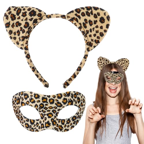 Qaziuy Leopard Halloween Kostüm, Leopard Katzenohren Haarband Gepard Druck Maske Cosplay Kostüm Zubehör Set für Halloween Verkleidung Erwachsene Qaziuy Leopard Halloween Kostüm, Leopard Katzenohren Haarband Gepard Druck Maske Cosplay Kostüm Zubehör Set für Halloween Verkleidung Erwachsene von Qaziuy