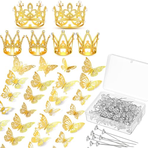Qbkohphifm 166-Teiliges Kronendekor für Blumenstrauß mit 6 Kronen-Kuchenaufsätzen, 100 Anstecknadeln, 60 Schmetterlingen in Gold Qbkohphifm 166-Teiliges Kronendekor für Blumenstrauß mit 6 Kronen-Kuchenaufsätzen, 100 Anstecknadeln, 60 Schmetterlingen in Gold von Qbkohphifm