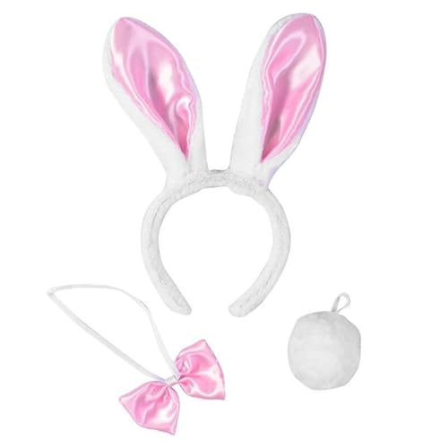 Qcbuegof Hasenohren-Haarbänder-Set, Kaninchen-Kostüm-Set, Ohren, Kopfbedeckung, Fliege, Tierhaarreif, Kostümzubehör, Stirnbänder mit Fliege, Schwanz, Tierhaarreifen von Qcbuegof