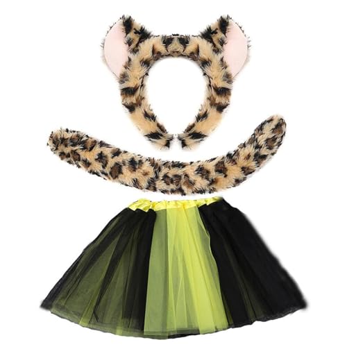 Qcbuegof Leoparden-Kostüm-Set, Leopardenohren, Stirnband, Schwanz, Fliege, Tutus, Rock, Kinder, Mädchen, Halloween, Weihnachten, Cosplay, Requisiten, Halloween, Cosplay, für Damen und Herren von Qcbuegof