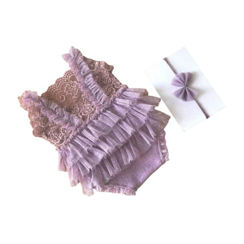 Qcbuegof Spitze Strampler Bowknot Hairband Outfit Baby Fotoshooting Kleidung Fashion Fotografie Requisiten Für Neugeborene Fotoshooting Kostüm Weiche Und Atmungsaktive Neugeborene Kleidung von Qcbuegof