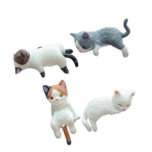 Set mit 4 Miniatur Cartoon-Katzenfiguren für Computer-Bildschirme, Dekoration aus Kunstharz, Tierstatue für Schreibtisch, Katzensammlung, Ornamente von Qcbuegof