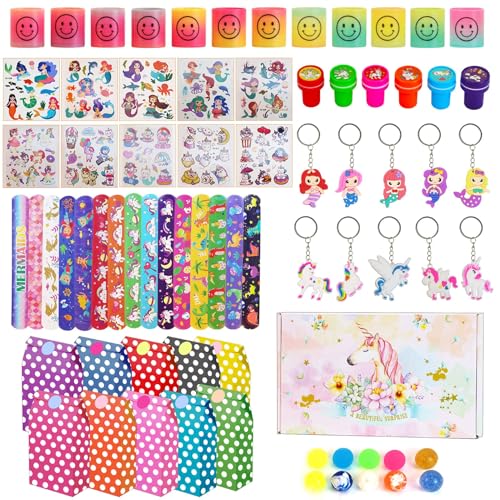 Qcdou 74 Stück Mitgebsel Kindergeburtstag Set, Einhorn Party Mitgebsel Meerjungfrau Geburtstag Deko Kinder, Stempel/Tattoos/Exquisite Einhorn-Geschenkbox/Schnapparmband/Geschenk Mädchen/Junge(B) von Qcdou