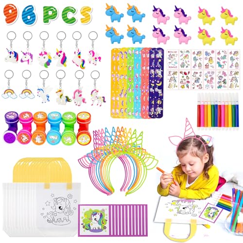 Qcdou 96 Stück Einhorn Party Deko Set - Mitgebsel Kindergeburtstag Mädchen, Geschenke, Haarspangen, Tattoo, Schlüsselanhänger, Stoffbeutel, DIY Graffiti Taschen, Farbe Buntstifte (A) von Qcdou