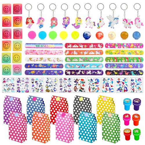 Qcdou Mitgebsel Kindergeburtstag Set 4/6/7/8/10 jahre, 78 Stück Einhorn Meerjungfrau Mitgebsel, Stempel/Tattoos/Exquisite Geschenkbox/Schnapparmband, Spielzeug FüR Kinder Partybeutelfüller(E) von Qcdou