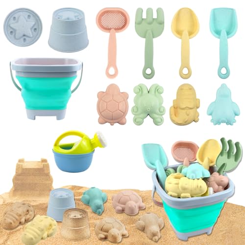 Qcdou Sandspielzeug Set, 11 Stück Sandspielzeug für Kinder, Sandkasten Spielzeug mit Faltbarer Eimer, Outdoor Spielzeug, Silikon Sandspielzeug ab 2 3 4 5 Jahre Mädchen Junge(Blue) von Qcdou