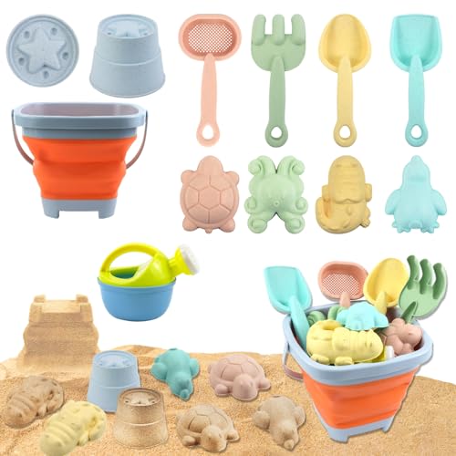 Qcdou Sandspielzeug Set, 11 Stück Sandspielzeug für Kinder, Sandkasten Spielzeug mit Faltbarer Eimer, Outdoor Spielzeug, Silikon Sandspielzeug ab 2 3 4 5 Jahre Mädchen Junge(Orange) von Qcdou