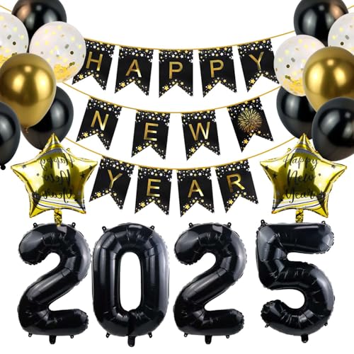 Qcdou Silvester Deko, Neujahrsdeko, Happy New Year Girlande, mit Stern Folienballons, 2025 Nummer Folienballons, Happy New Year Banner, Latexballons, Schwarz Gold Silvesterpartydeko Accessoir Qcdou Silvester Deko, Neujahrsdeko, Happy New Year Girlande, mit Stern Folienballons, 2025 Nummer Folienballons, Happy New Year Banner, Latexballons, Schwarz Gold Silvesterpartydeko Accessoir von Qcdou