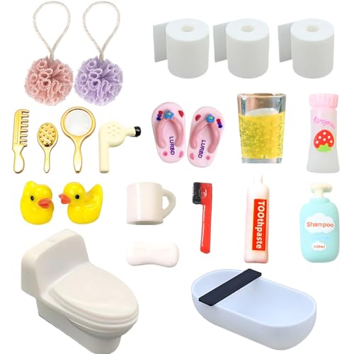 21-teiliges Wichtel Zubehör Set Badezimmer – Mini Puppenhaus Zubehör für Wichteltür & Weihnachten – 1:12 Puppenhaus Deko mit Zahnbürste, Ente, Handtuch, Spiegel & mehr von QckZee