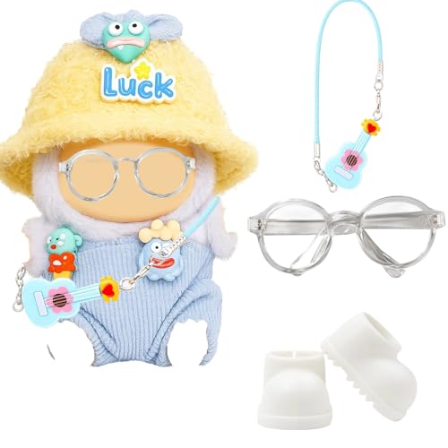 Kleidung Kompatibel mit Labu Puppen, Blau Overall mit Hüte Hose Widgets Gläser Minischuhe für 17cm Mini Plüsch Puppen (Plüschpuppe Nicht Enthalten) von QckZee